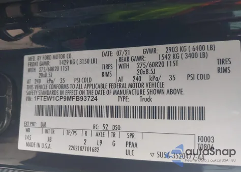 2021 Ford F-150 Xl z USA, uszkodzony, nr VIN 1FTEW1CP9MFB93724